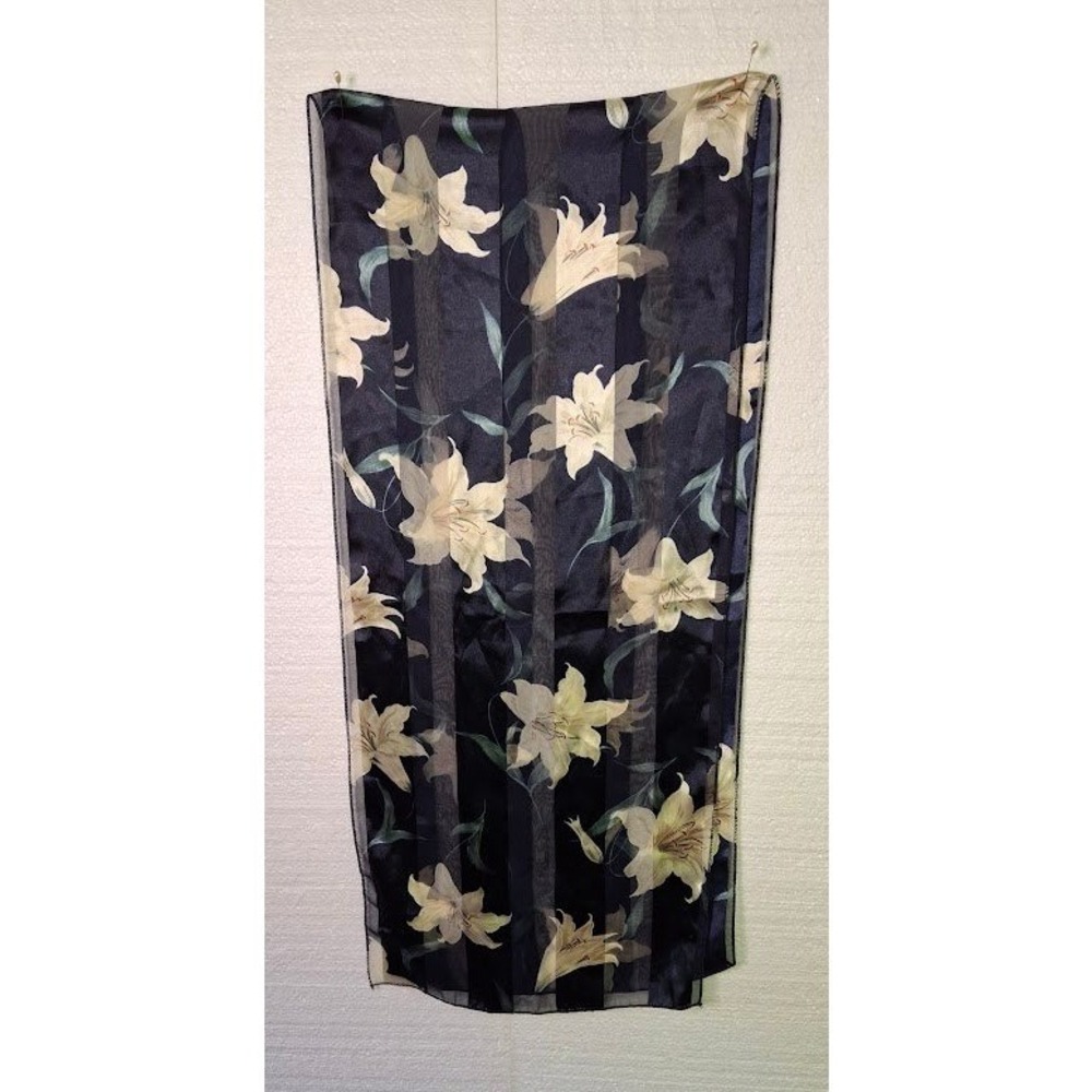 Vintage Navy Blue Floral Lily Sheer Striped Satin Rectangular Scarf Wrap Shawl